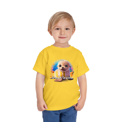 Kids birth month tshirt with cute seal graphic and Brave & Graceful text in yellow kids clothes
