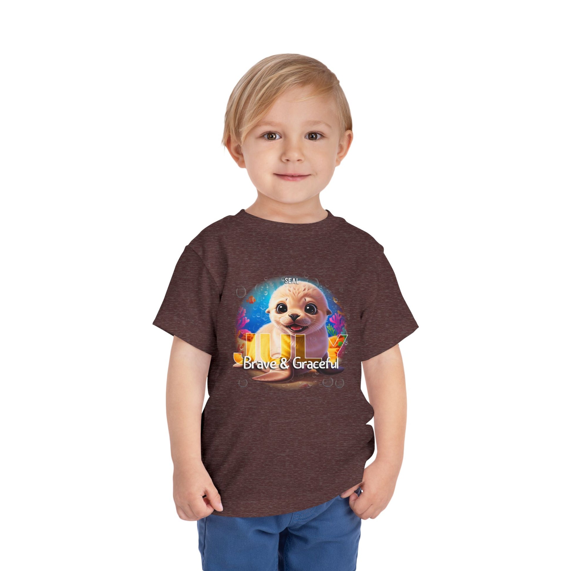 Kids birth month tshirt featuring a cute animal design with Brave and Graceful text