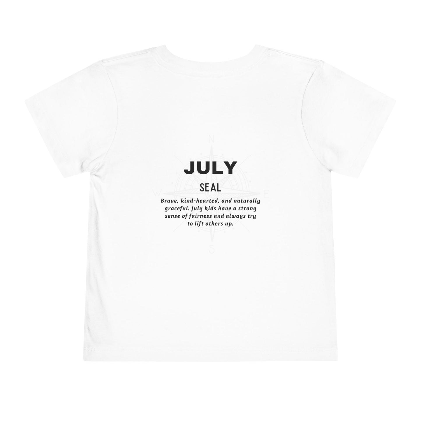 Kids white birth month tshirt for July with seal design and positive traits printed on back