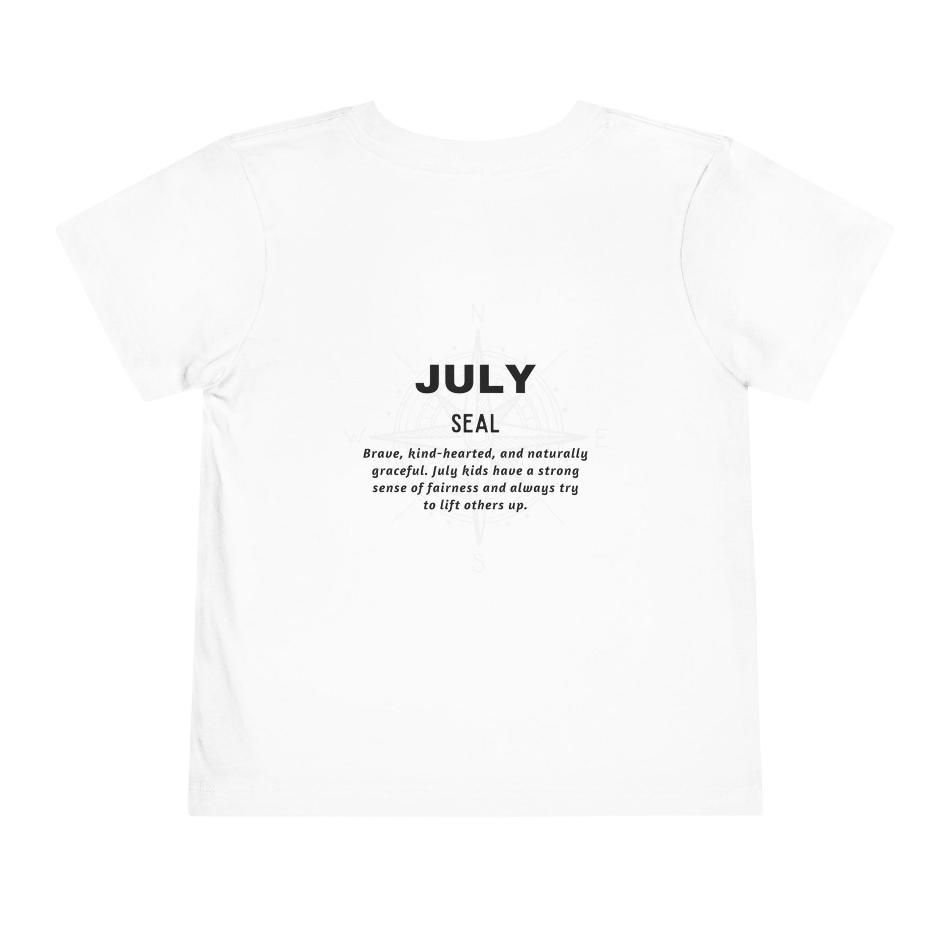 Kids white birth month tshirt for July with seal design and positive traits printed on back