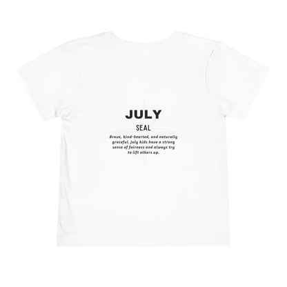 Kids white birth month tshirt for July with seal design and positive traits printed on back