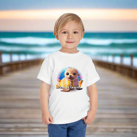 Toddler wearing kids birth month tshirt with cute animal design on white tee