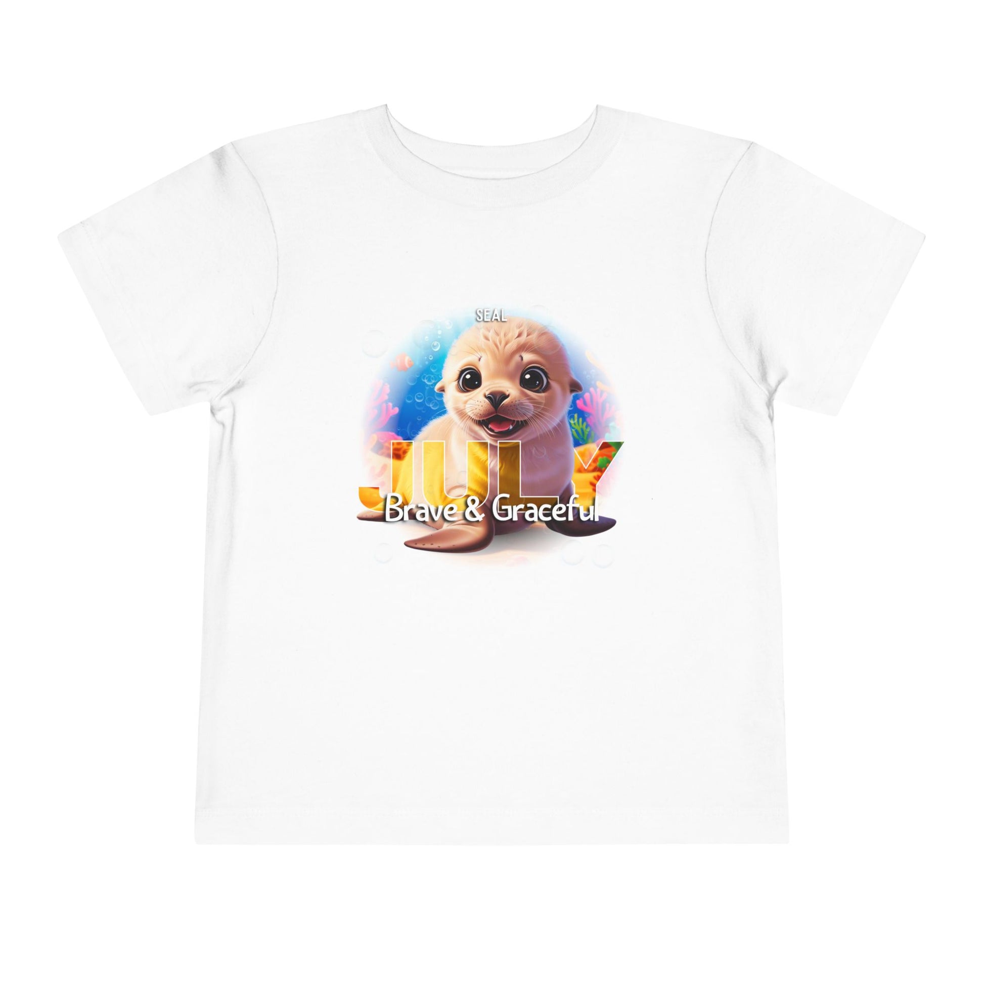 Kids birth month tshirt with cute seal and Brave & Graceful text on white cotton tee