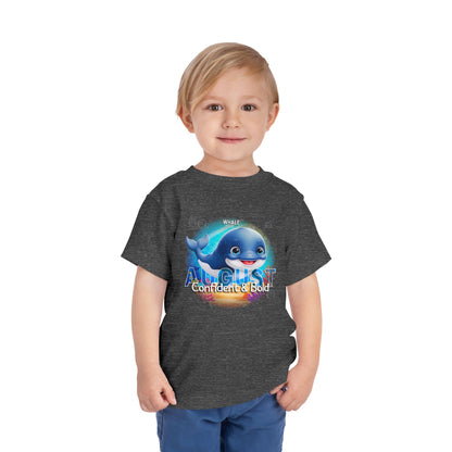 Toddler wearing a kids birth month tshirt with August whale design and confident text 