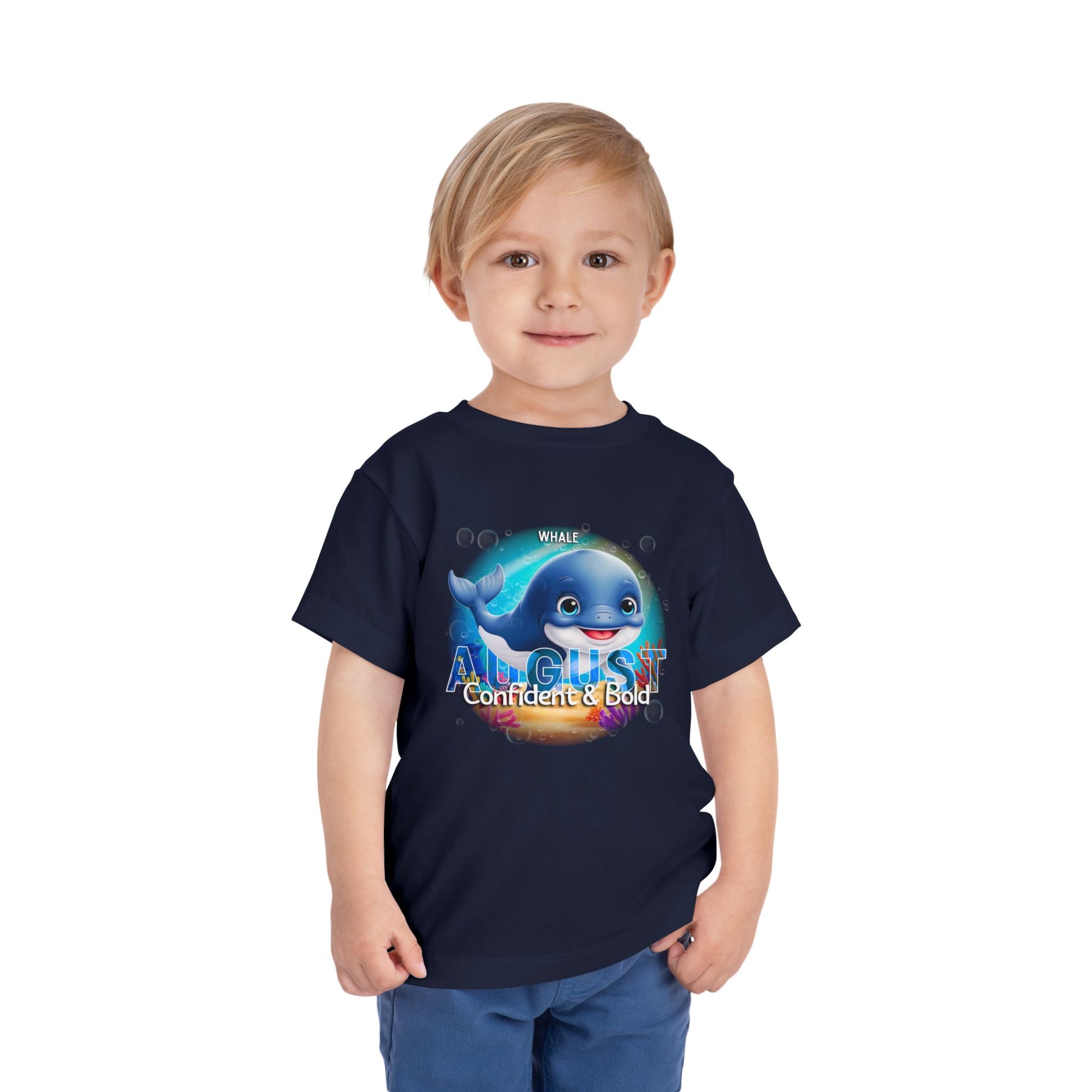 Kids birth month tshirt August design with cute whale graphic on navy blue kids clothes 