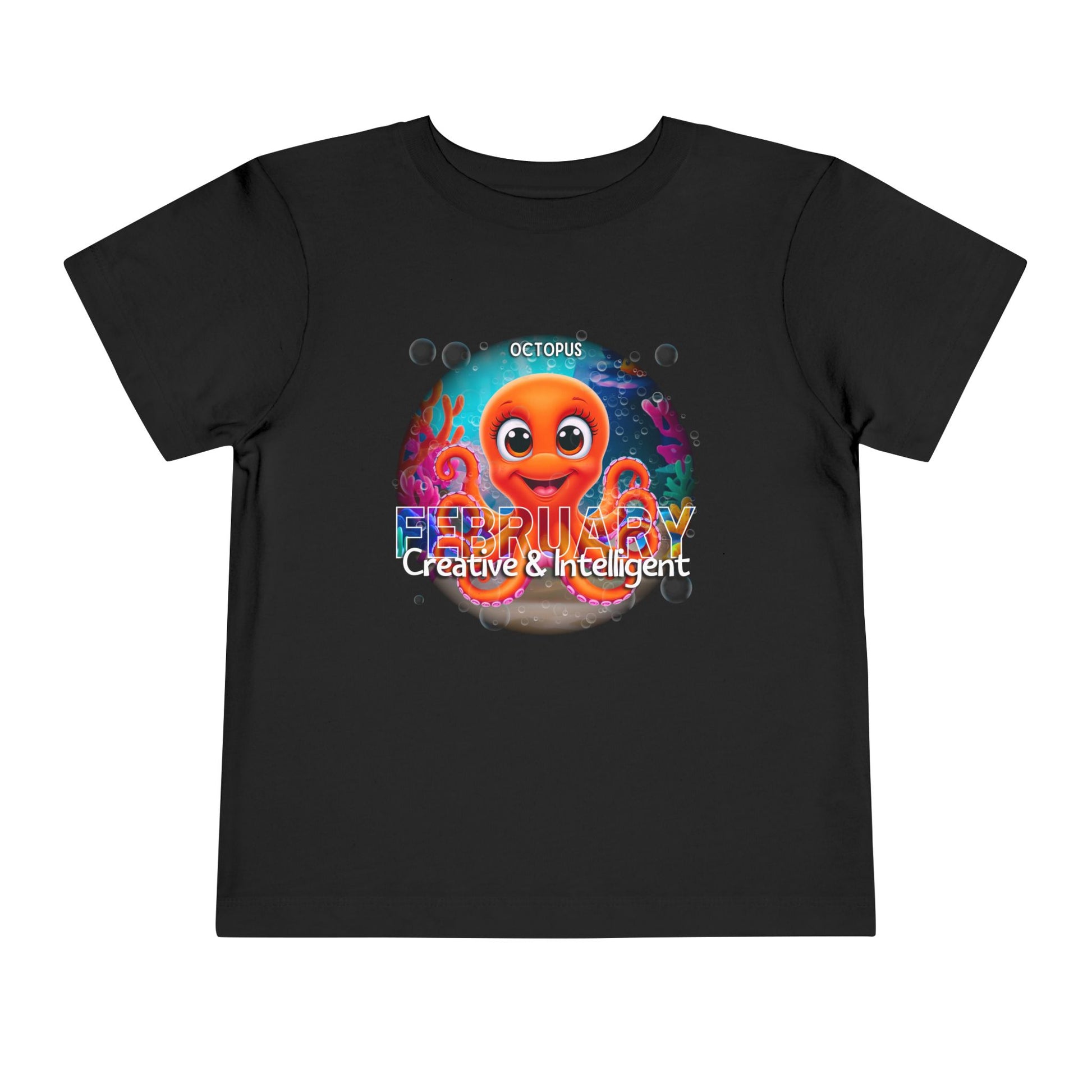 Black kids birth month tshirt with colorful octopus and February text for creative and intelligent kids