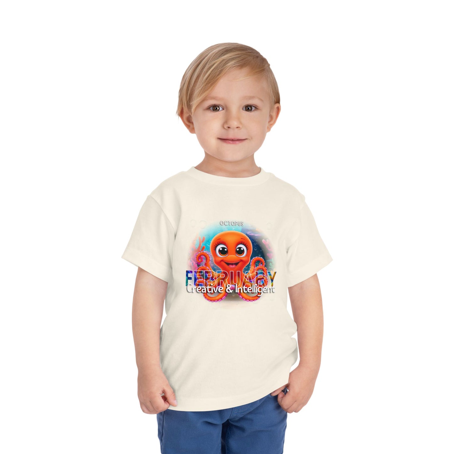 Toddler boy wearing kids birth month tshirt with colorful octopus design for February