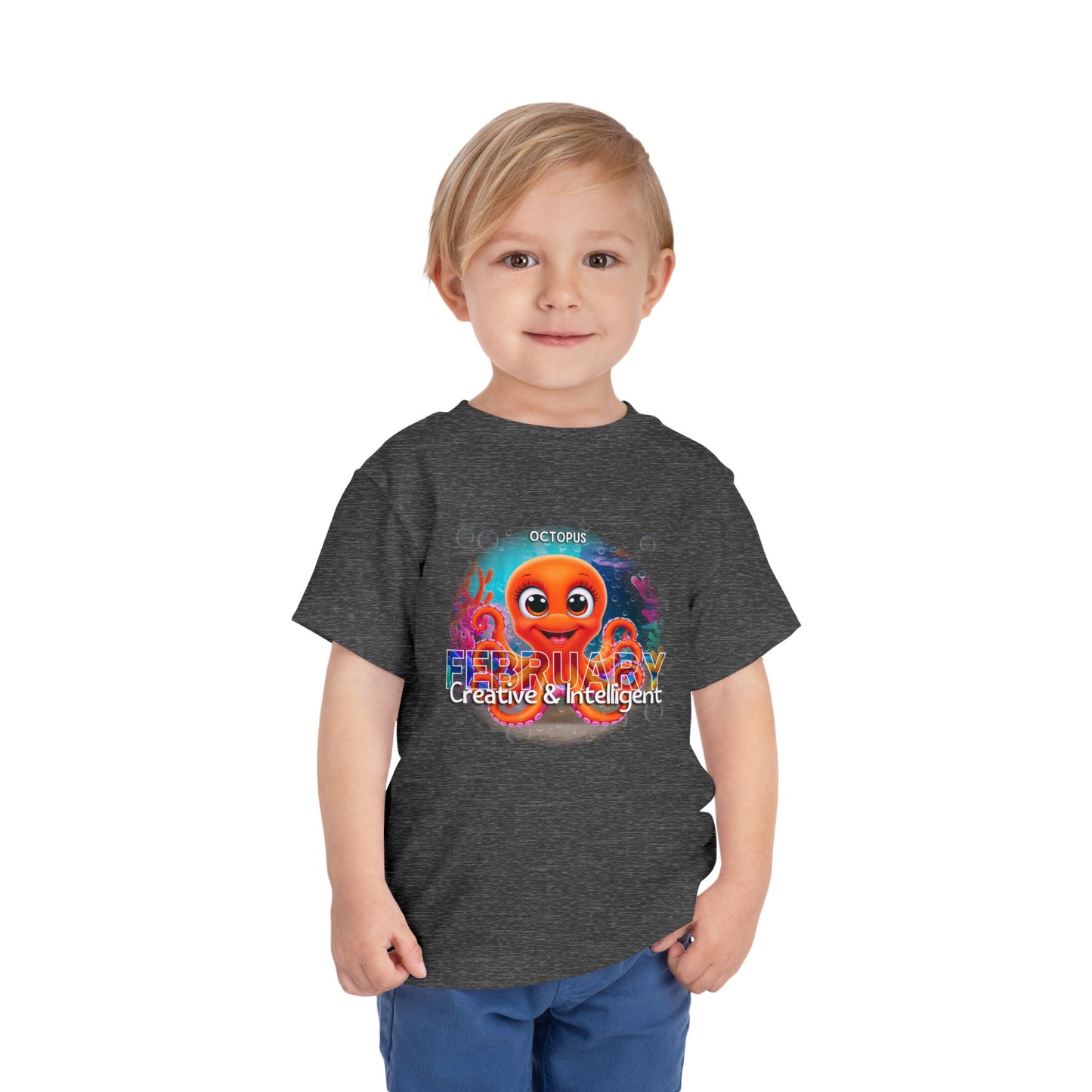 Kids birth month tshirt with colorful February octopus design and creative message