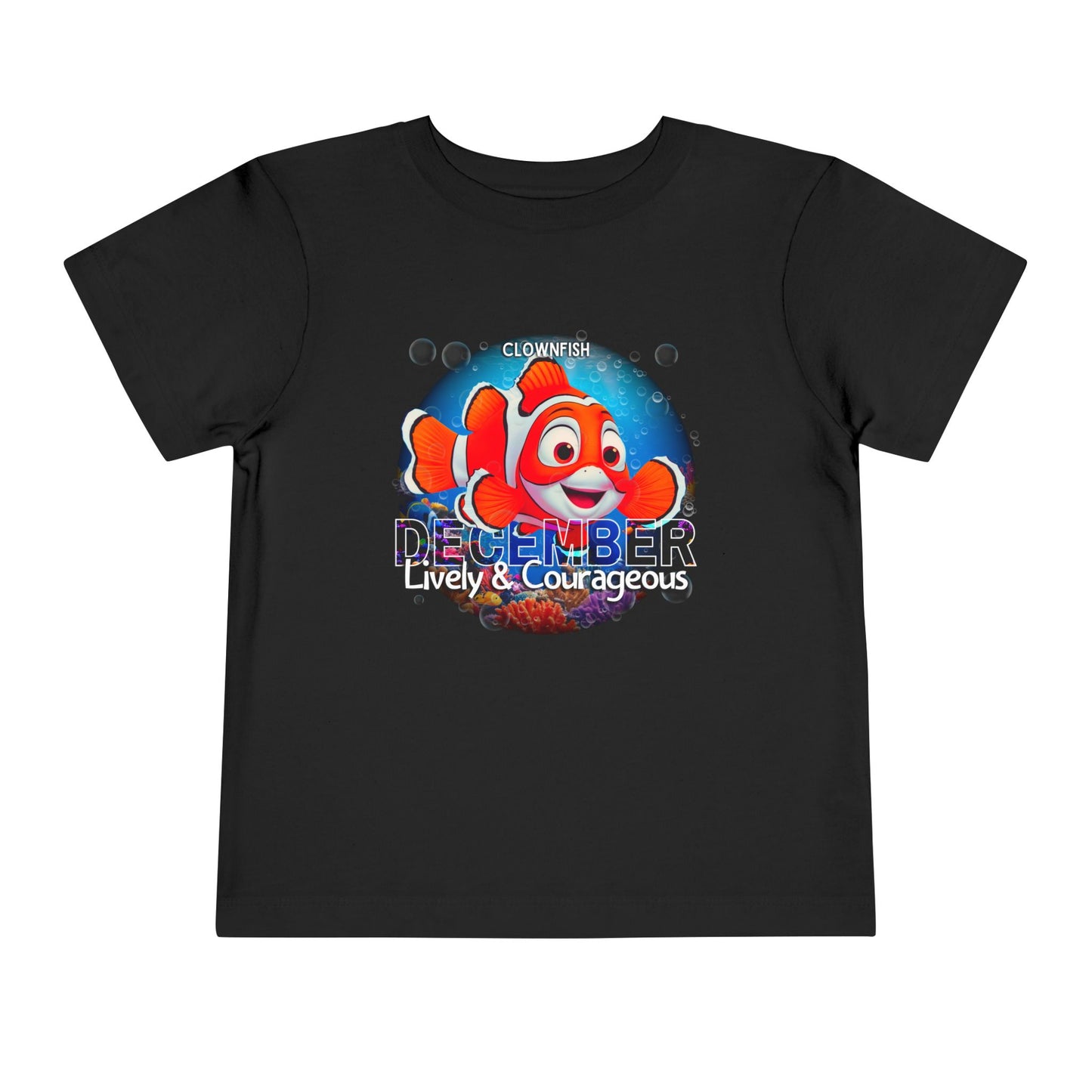 Black kids birth month tshirt featuring a colorful clownfish with December and lively courageous text