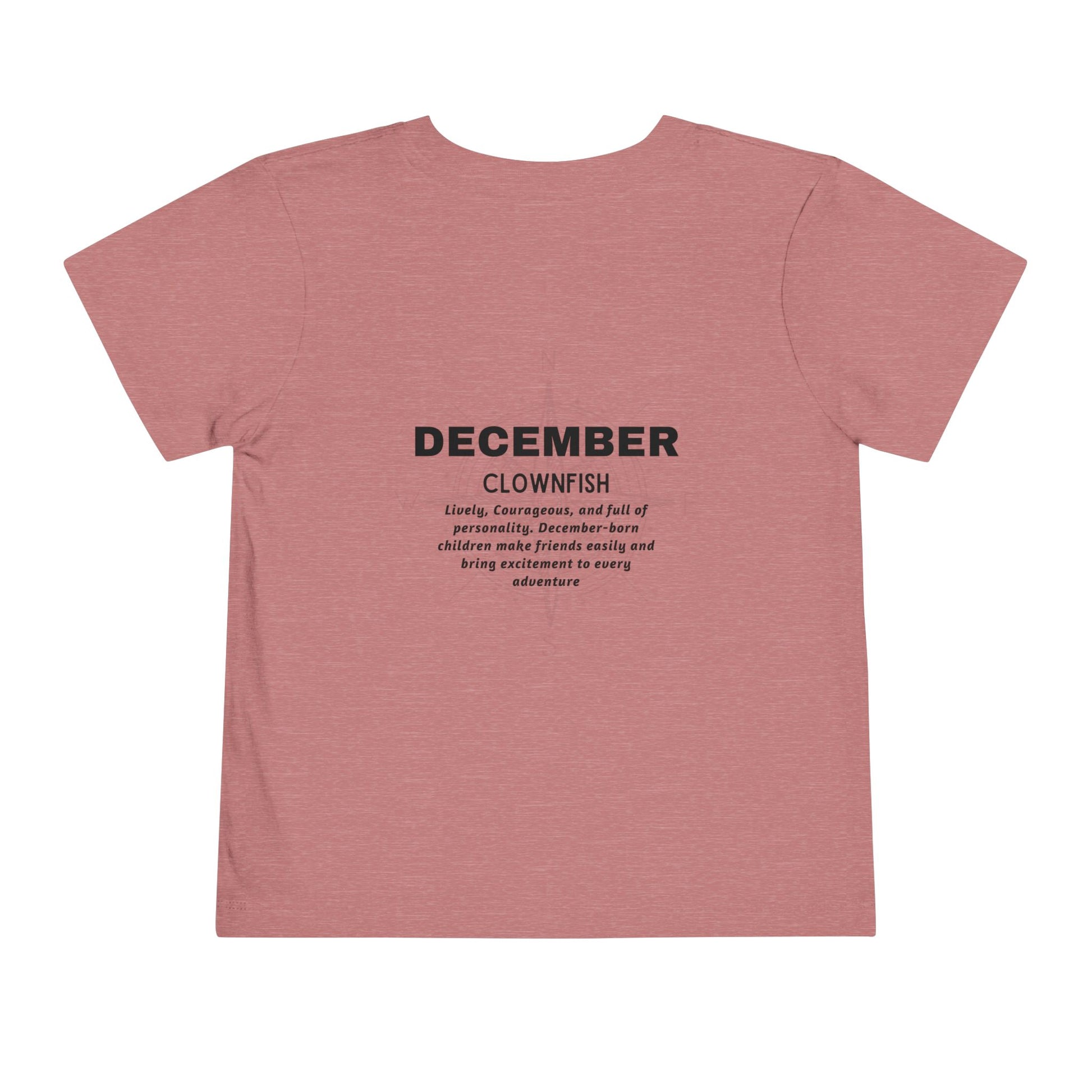Back of pink kids birth month tshirt for December with Clownfish zodiac and personality traits