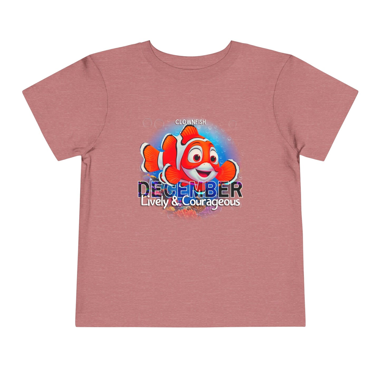 Kids birth month tshirt in pink with colorful clownfish design and December text