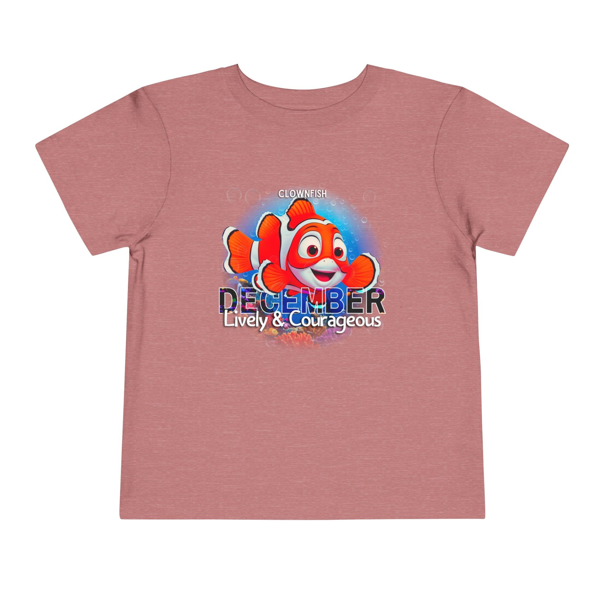 Kids birth month tshirt in pink with colorful clownfish design and December text