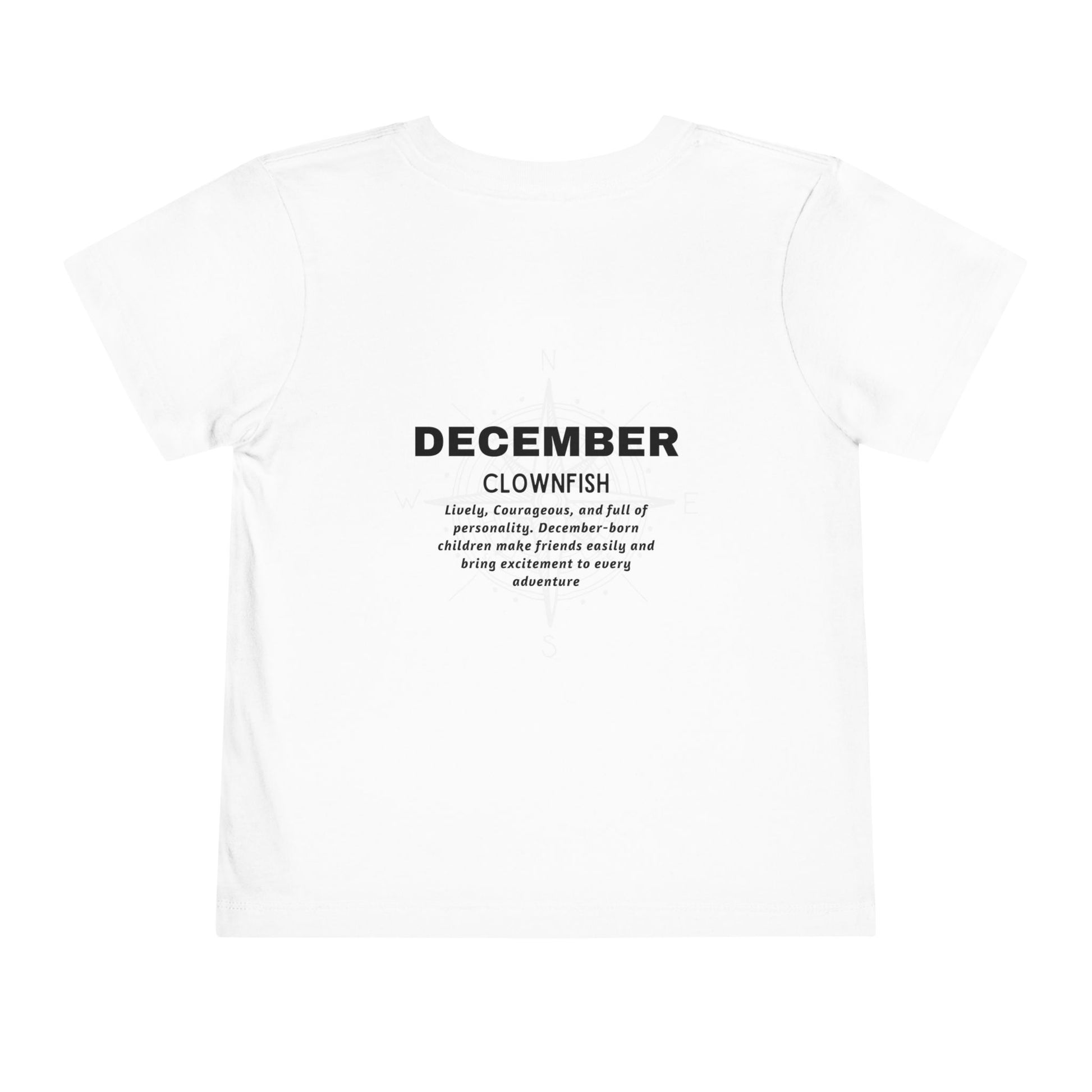 White kids birth month tshirt with December clownfish design and personality description