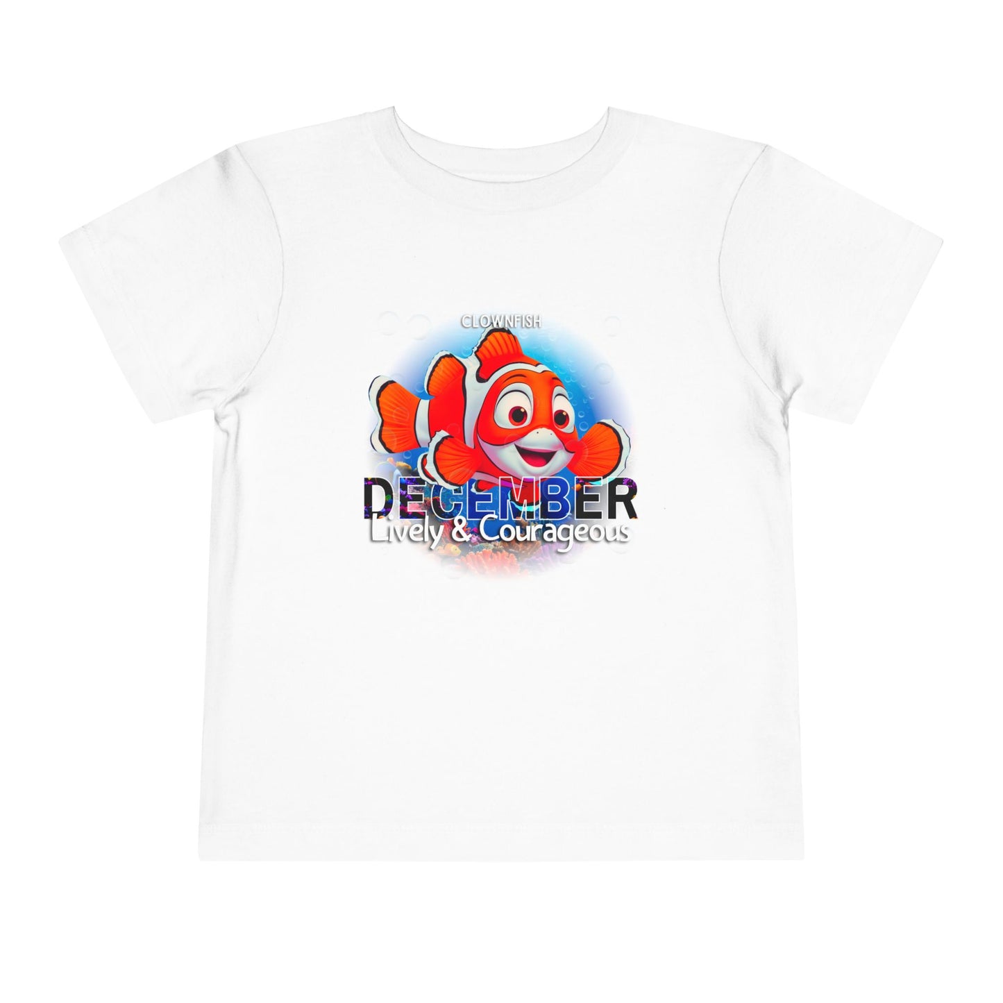 White kids birth month tshirt with clownfish graphic and December text lively and courageous design