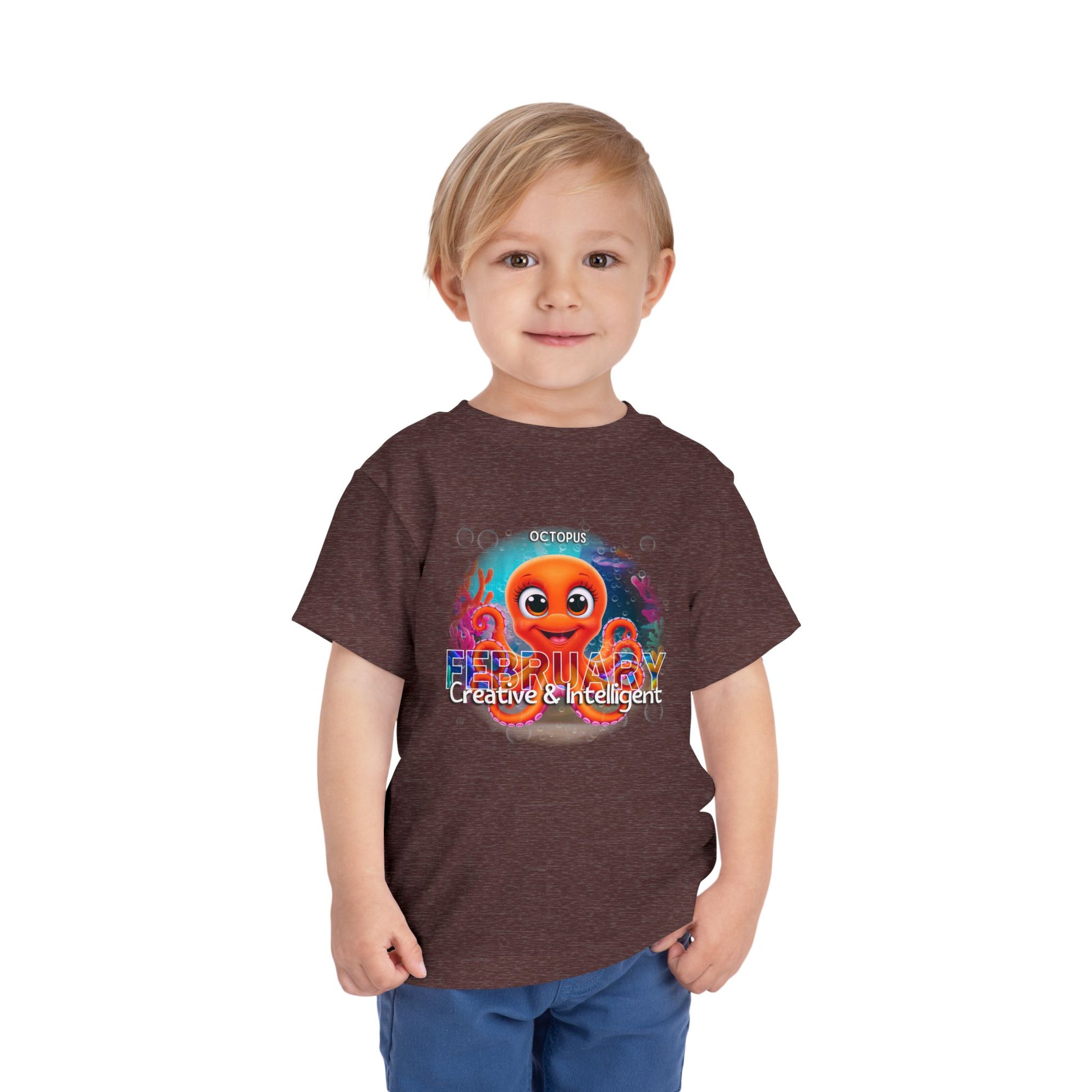 Child wearing a kids birth month tshirt featuring a colorful February octopus design