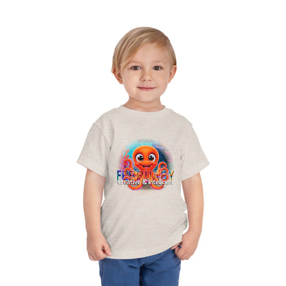 Kids birth month tshirt with colorful February octopus design worn by smiling toddler