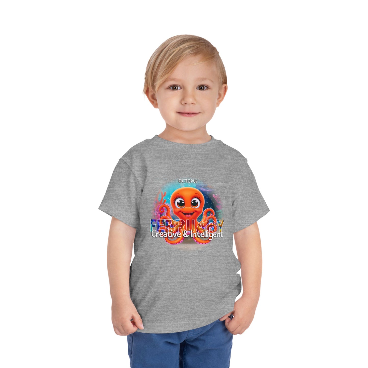 Child wearing gray kids birth month tshirt with colorful octopus and February design 
