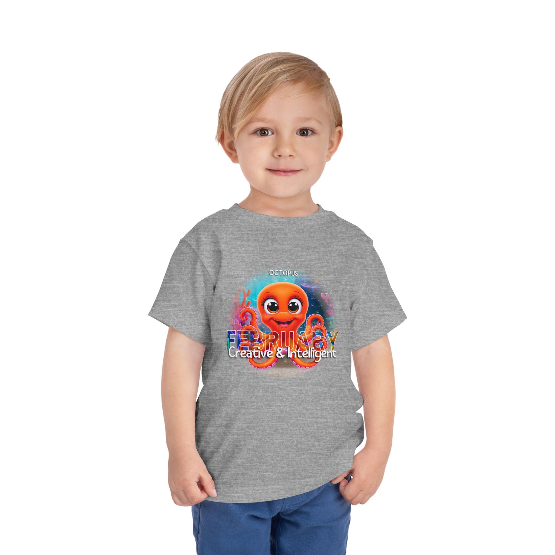 Child wearing gray kids birth month tshirt with colorful octopus and February design 