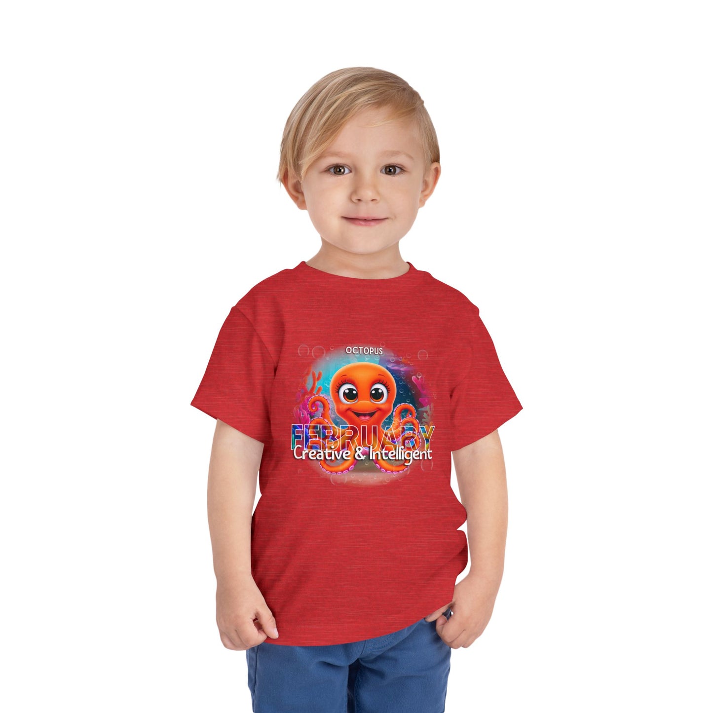Toddler wearing red kids birth month tshirt with colorful October octopus design 