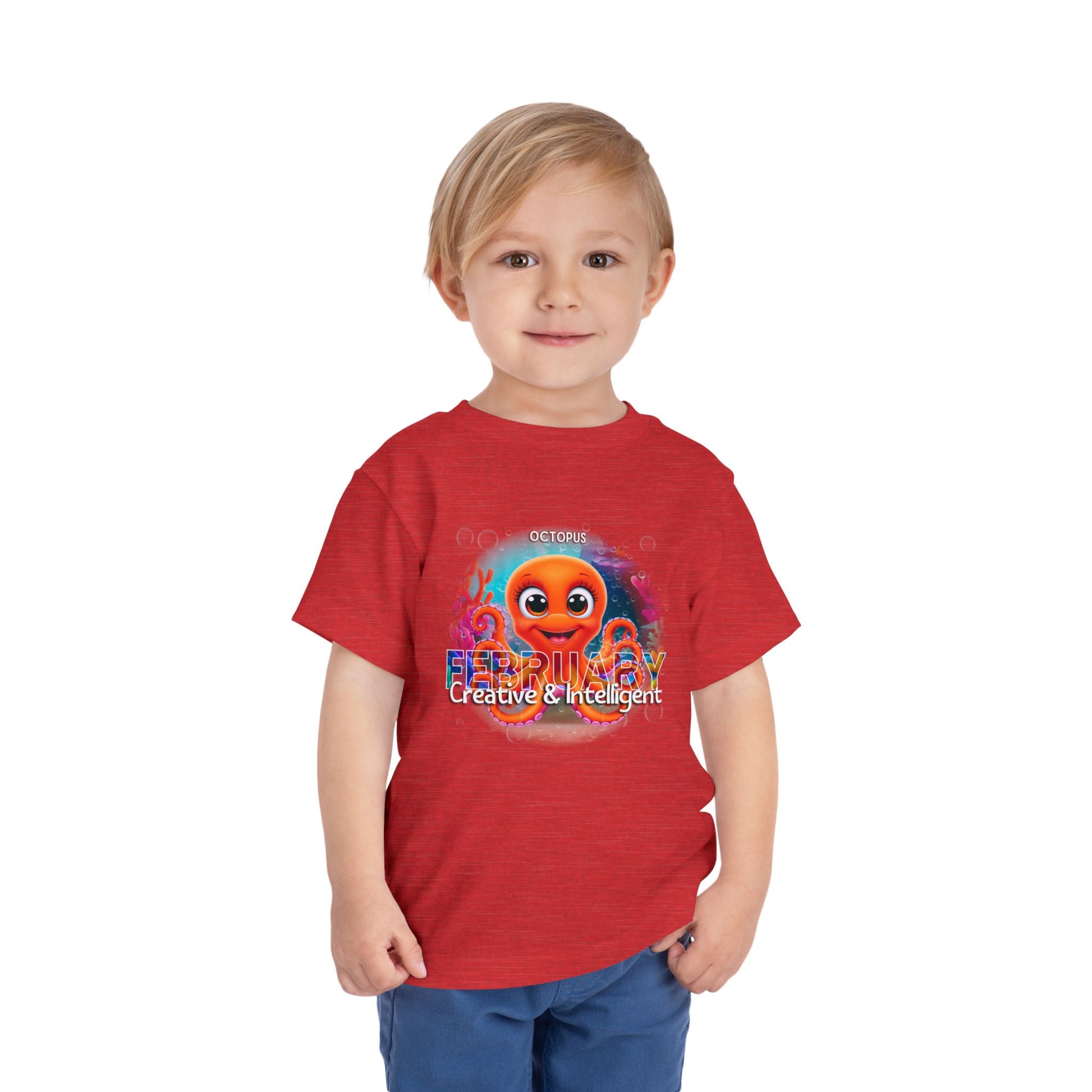 Toddler wearing red kids birth month tshirt with colorful October octopus design 
