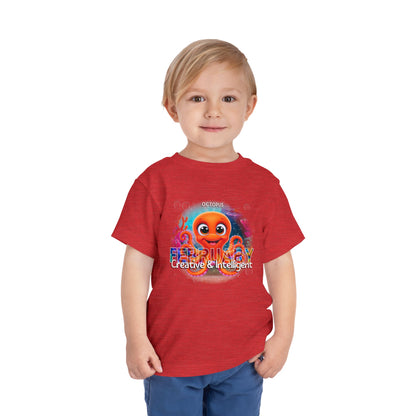 Toddler wearing red kids birth month tshirt with colorful October octopus design 