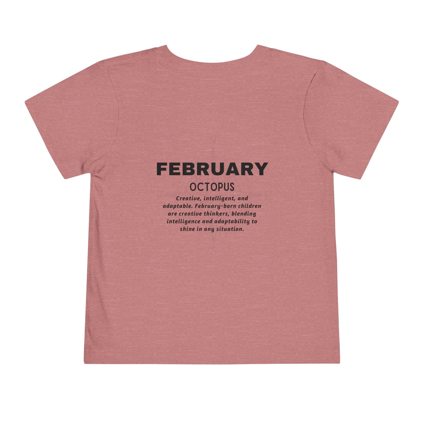 February kids birth month tshirt with creative and adaptable traits description on back