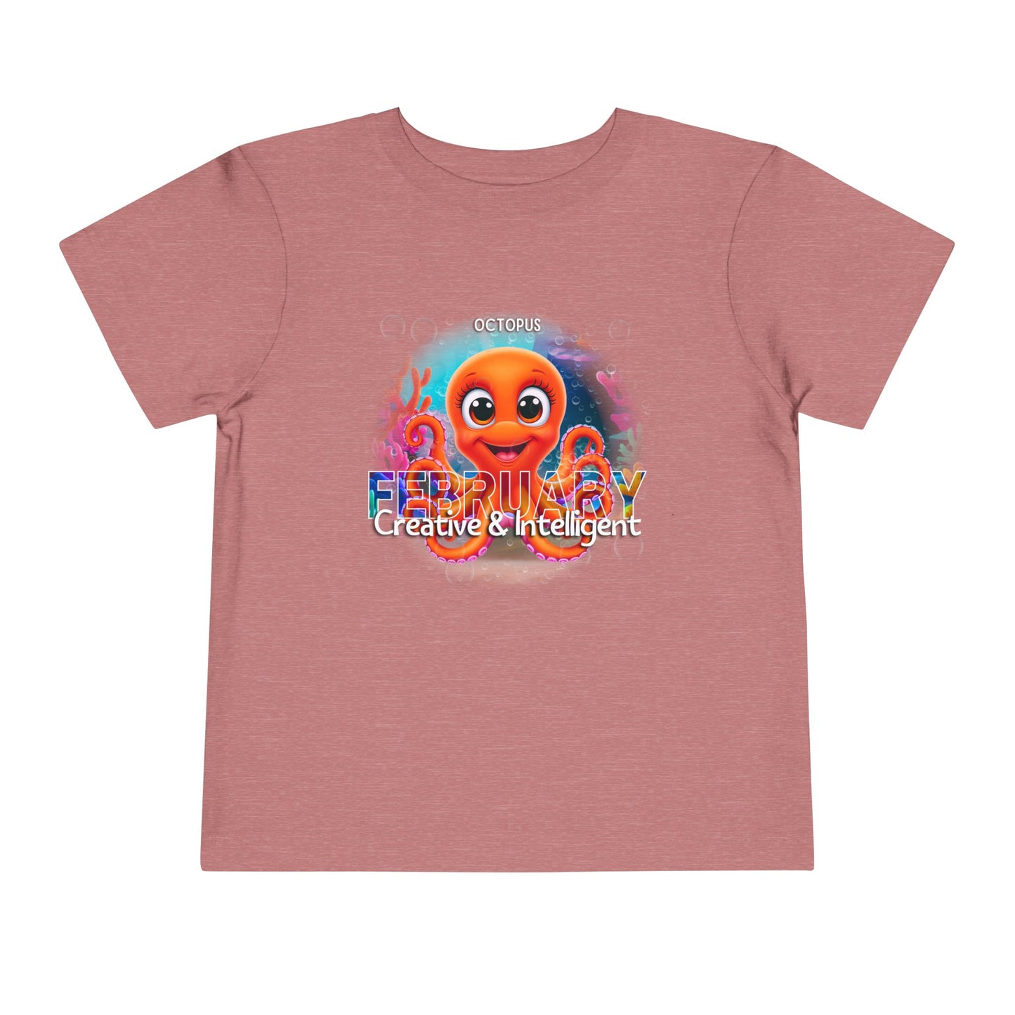 Kids birth month tshirt in pink with cute octopus and February design for creative kids