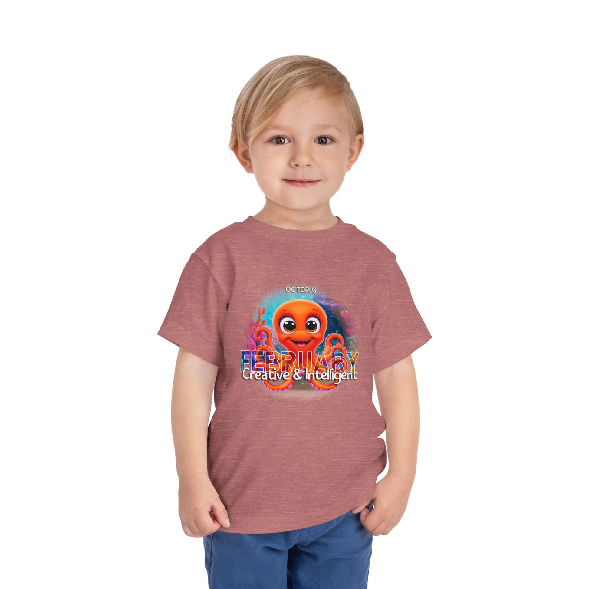 Toddler wearing kids birth month tshirt featuring a colorful October octopus design