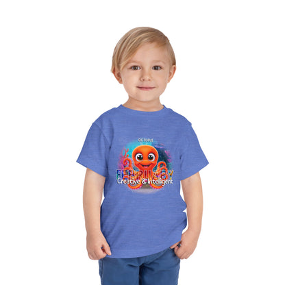 Toddler wearing kids birth month tshirt with colorful February octopus design