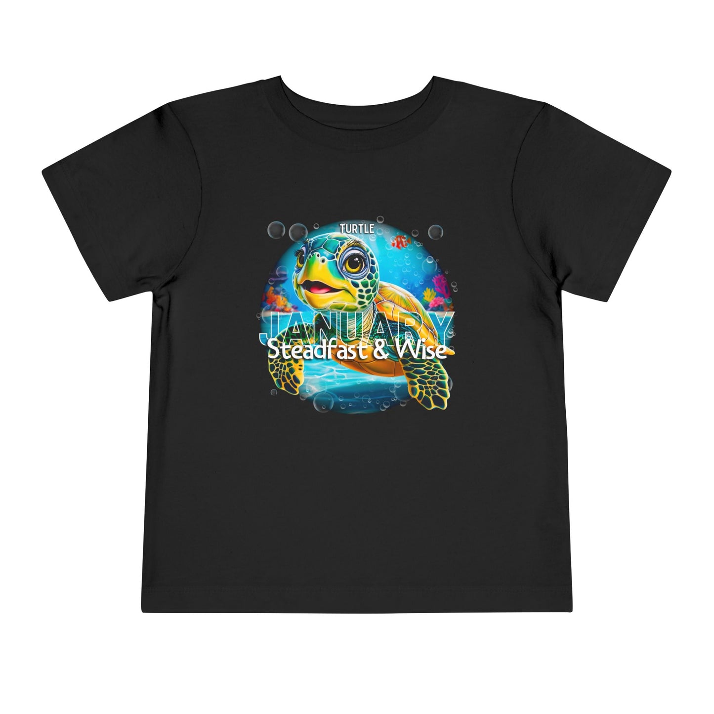 Kids black birth month tshirt with January turtle design and steadfast wise text 