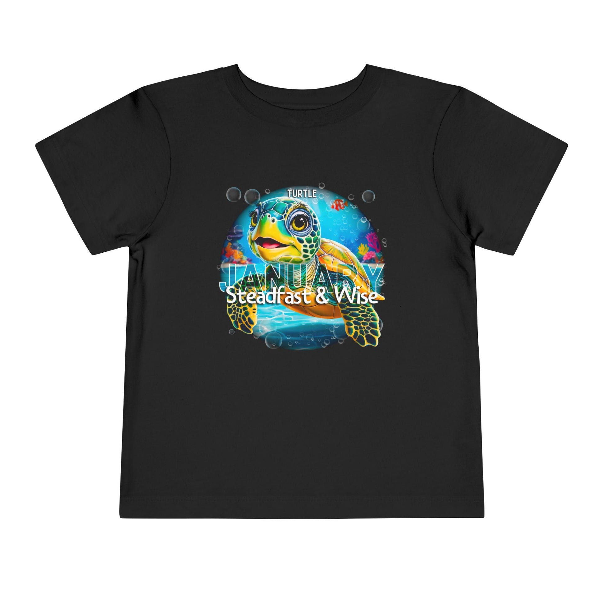 Kids black birth month tshirt with January turtle design and steadfast wise text 