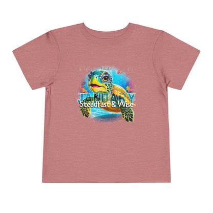 January kids birth month tshirt with colorful turtle design in pink for kids 