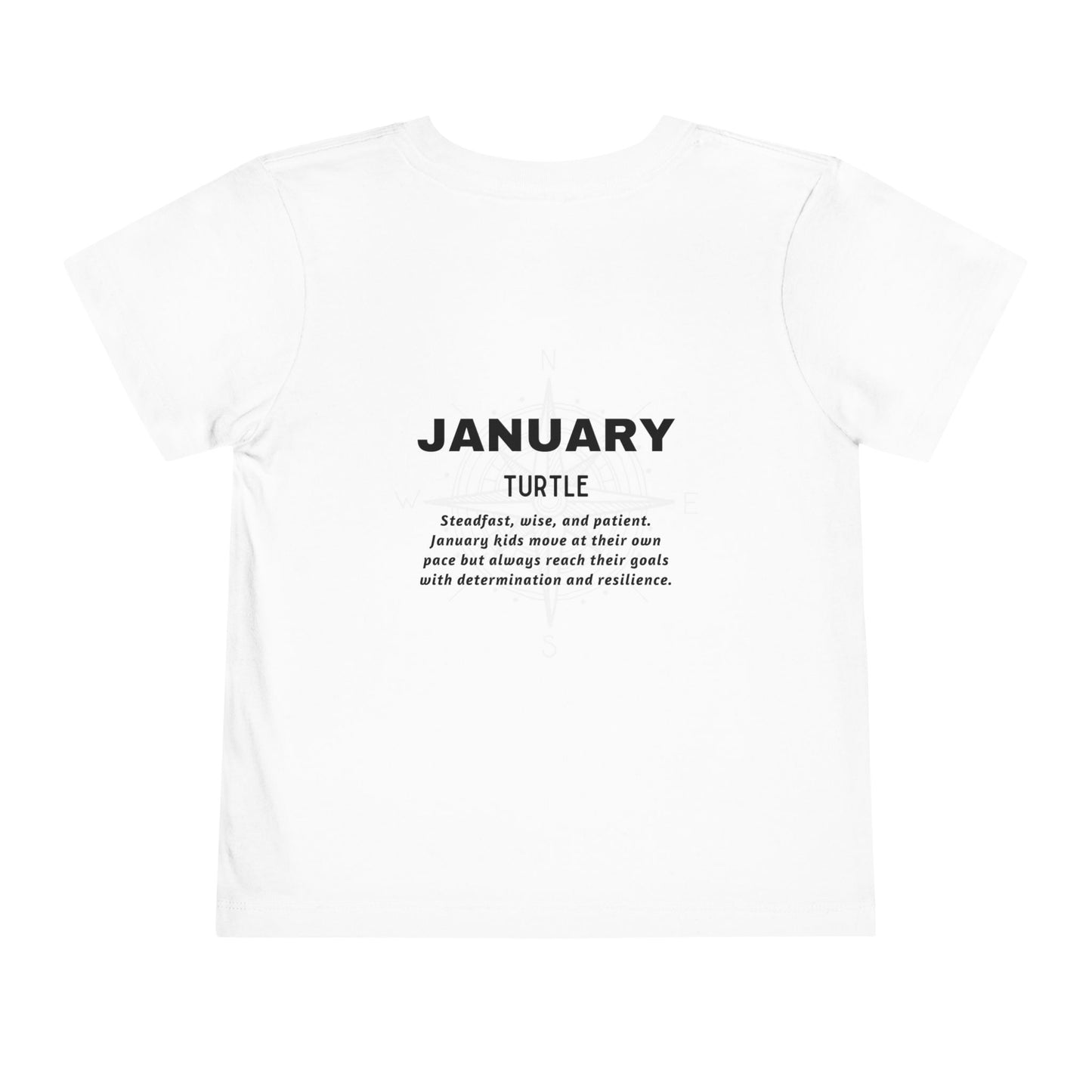 White kids birth month tshirt featuring January design with turtle and motivational text