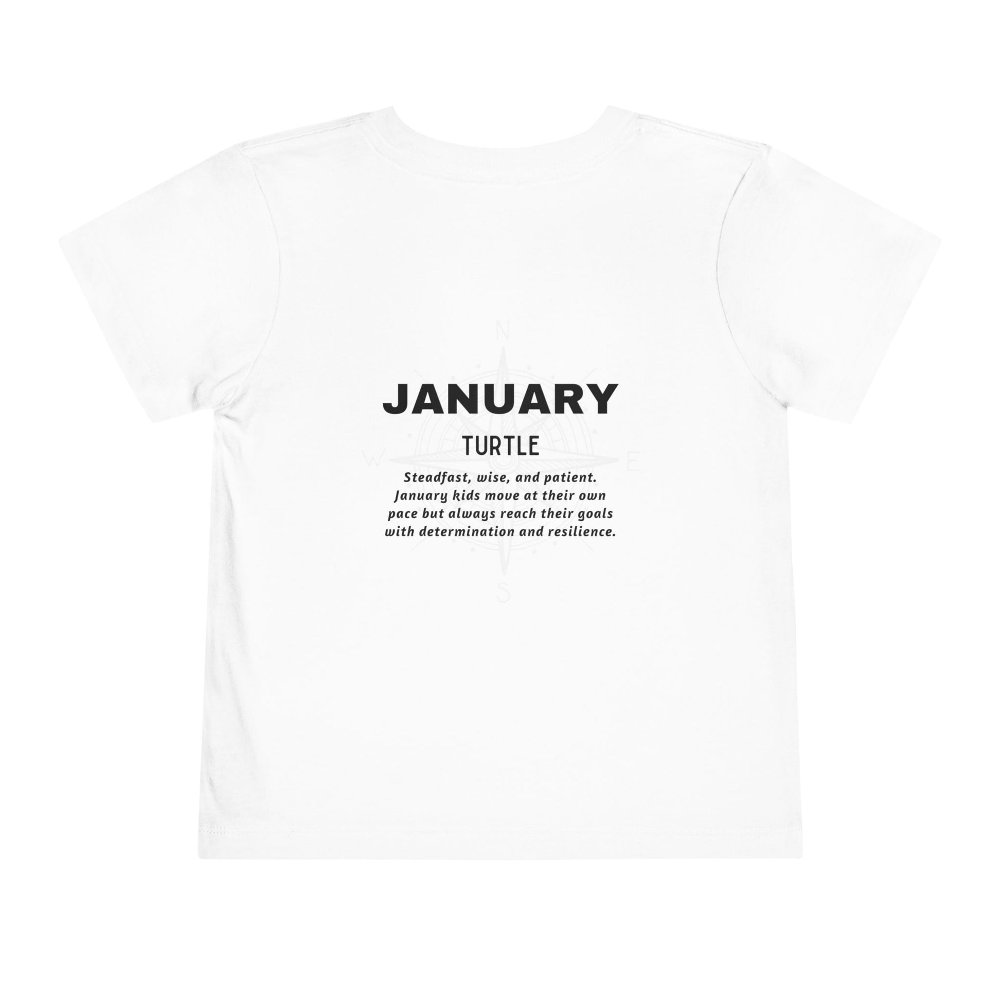 White kids birth month tshirt featuring January design with turtle and motivational text