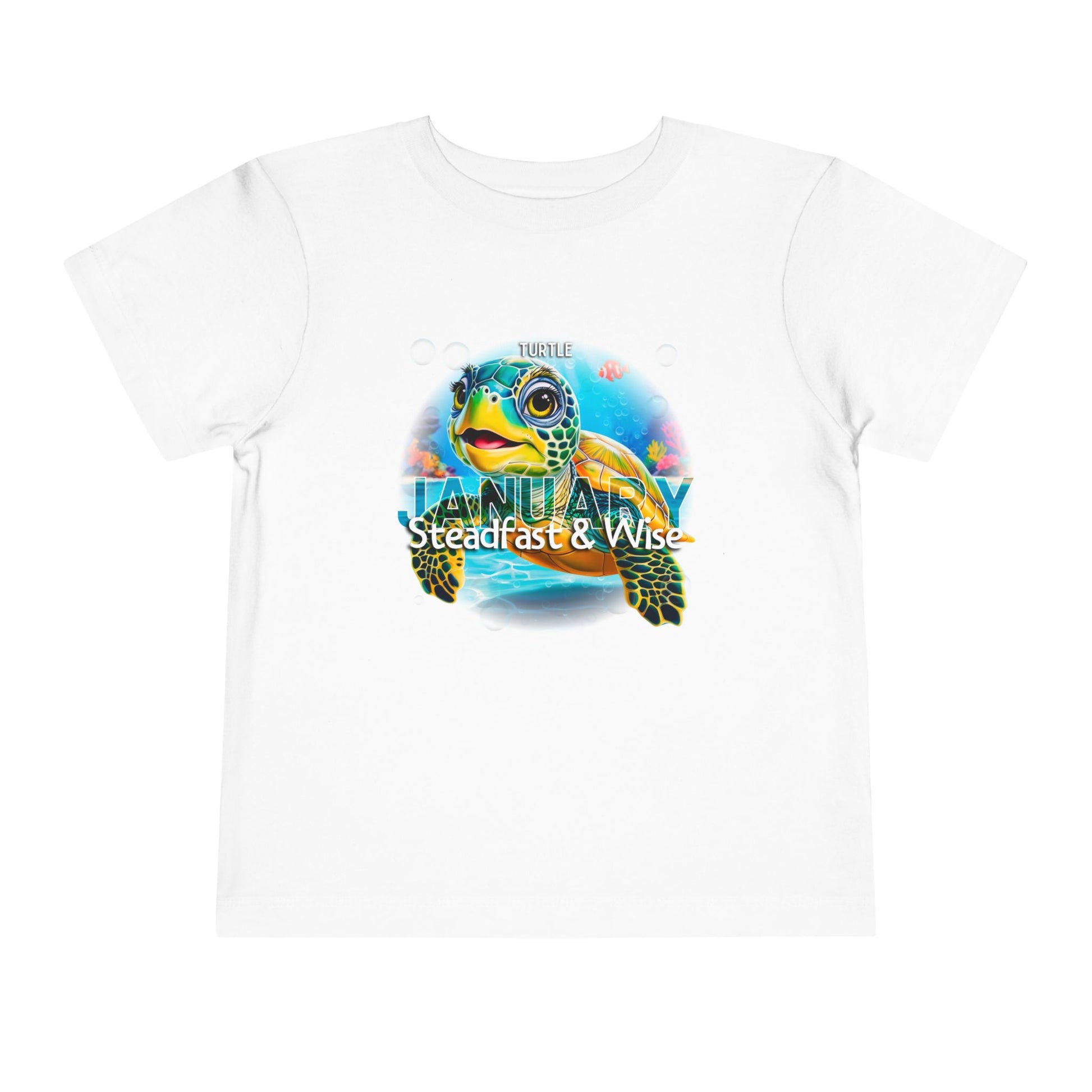 White kids birth month tshirt with colorful turtle and January text for kids