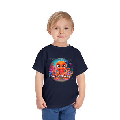 Toddler wearing navy kids birth month tshirt featuring a colorful February octopus design