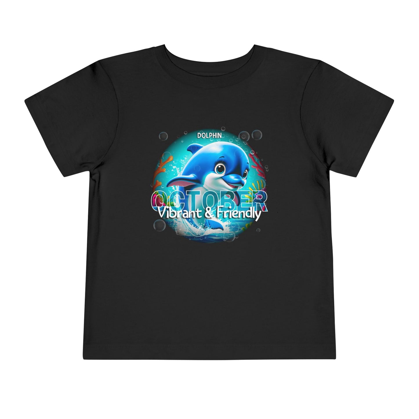 Black kids birth month tshirt featuring vibrant dolphin design and October month theme