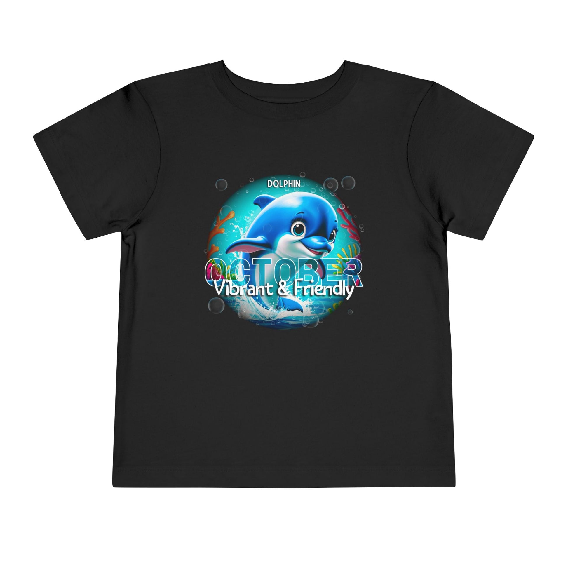 Black kids birth month tshirt featuring vibrant dolphin design and October month theme