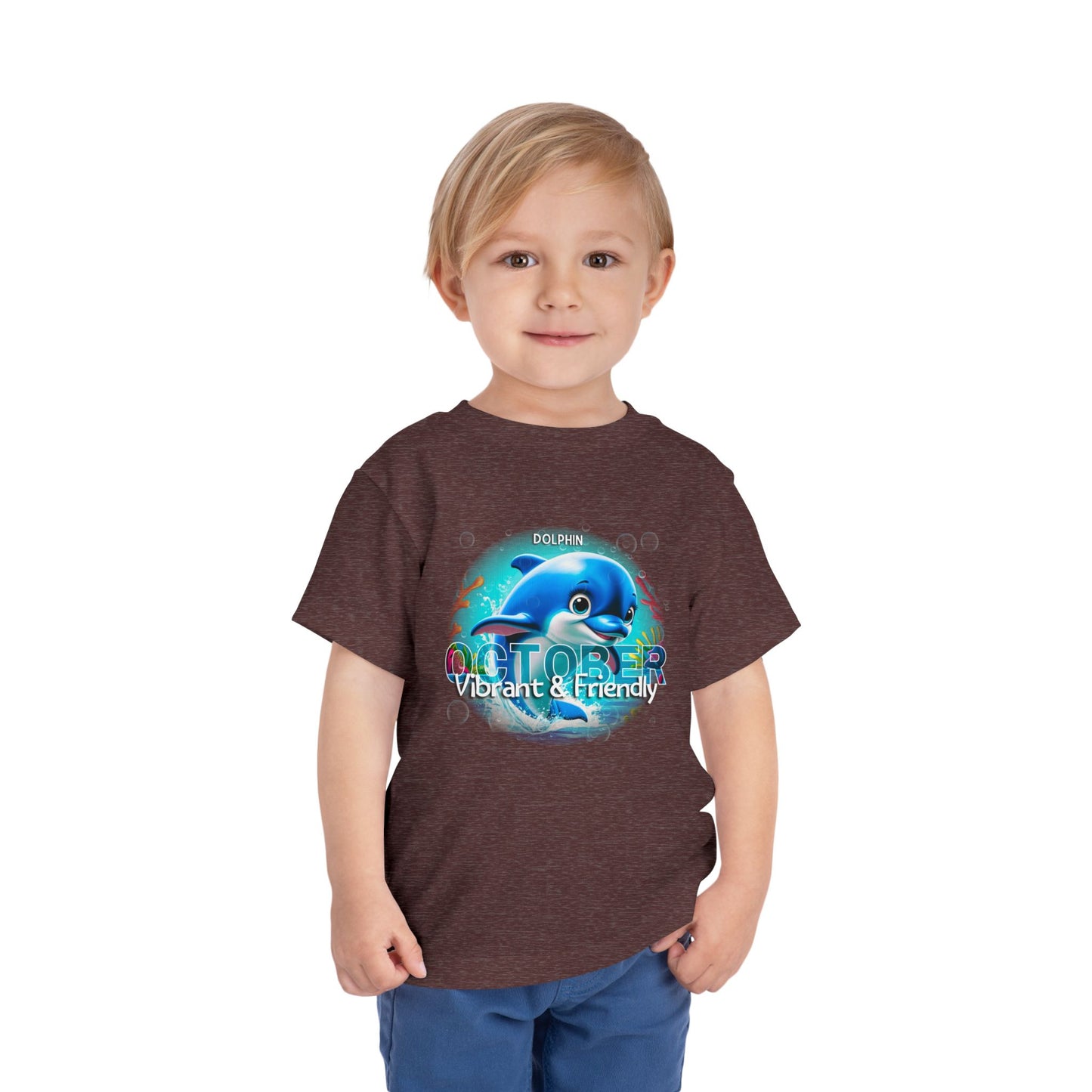 Kids birth month tshirt featuring October dolphin design with vibrant friendly graphics
