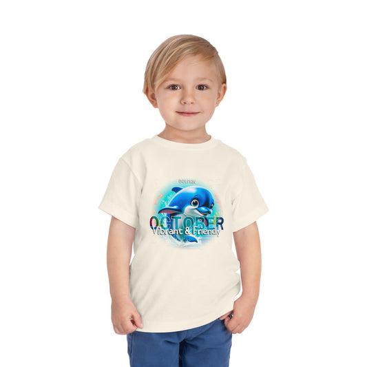 Kids birth month tshirt featuring October design with a vibrant blue dolphin on white kids clothes