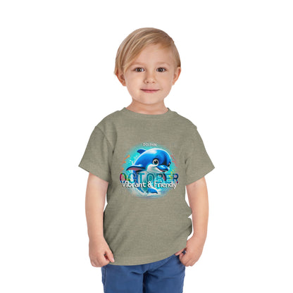 Child wearing kids birth month tshirt October with dolphin design vibrant and friendly