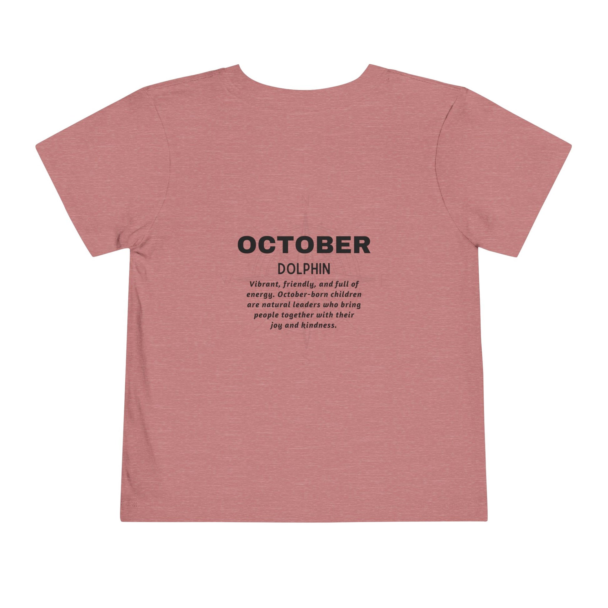 October kids birth month tshirt in pink with dolphin design and positive traits description
