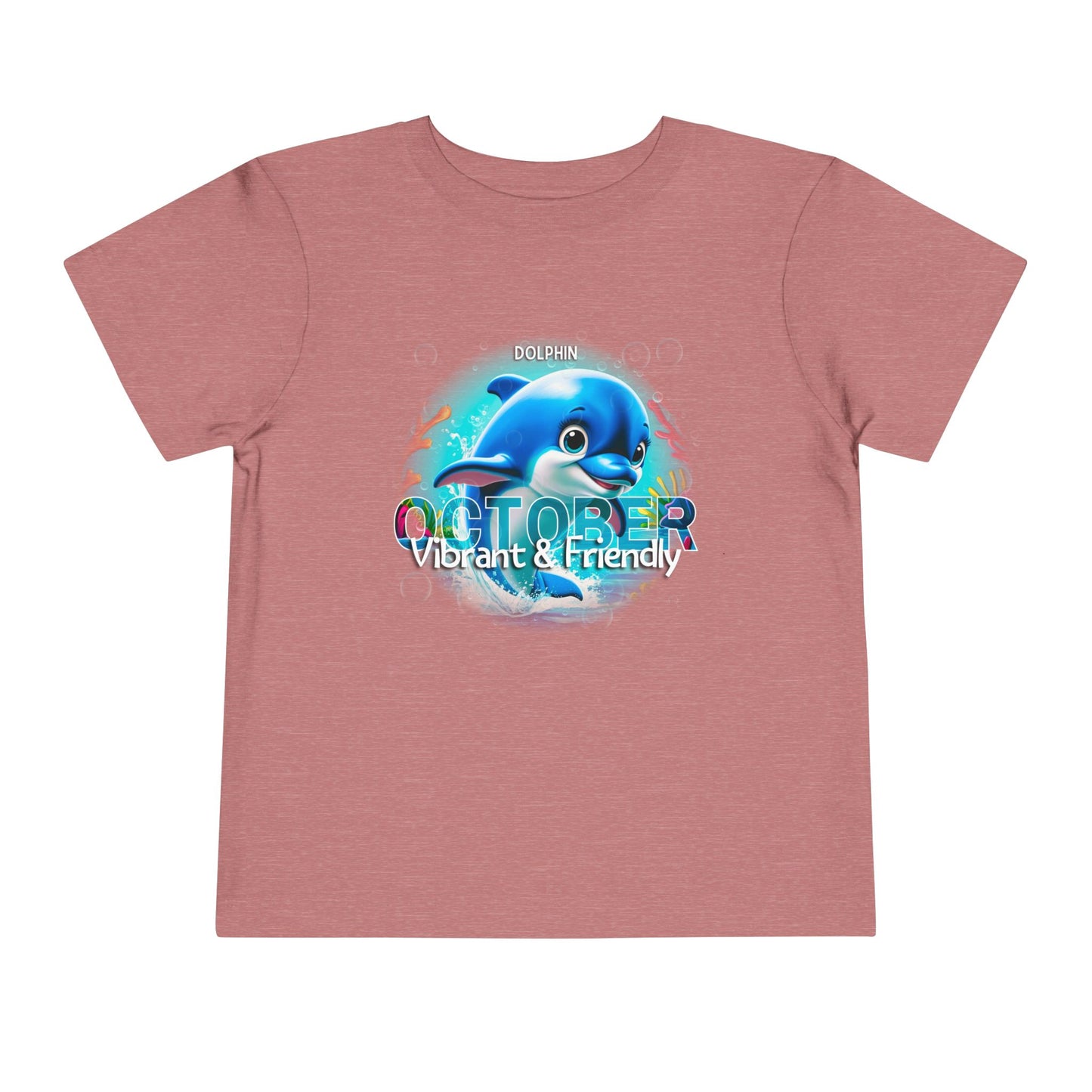 Kids birth month tshirt with dolphin and October design in pink for vibrant and friendly kids