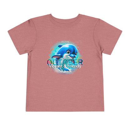 Kids birth month tshirt with dolphin and October design in pink for vibrant and friendly kids