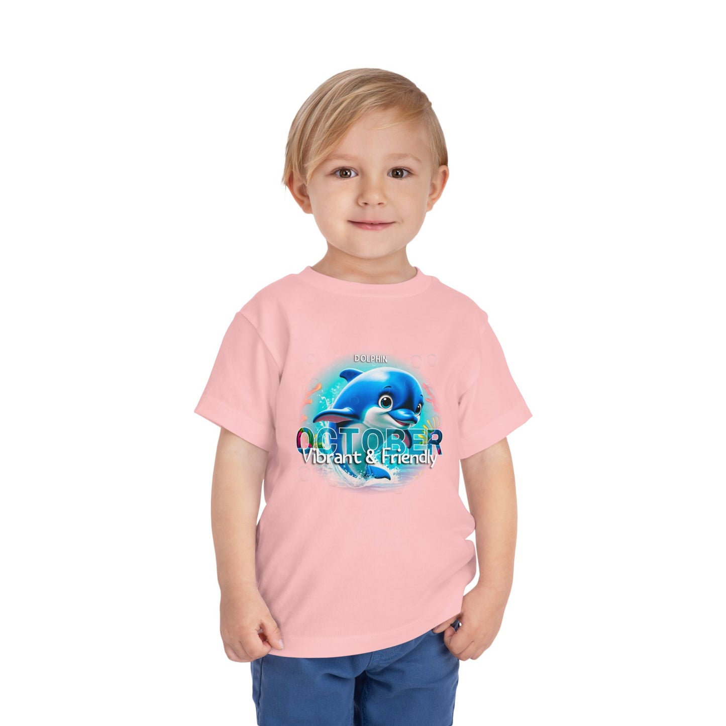 Toddler wearing pink kids birth month tshirt with October dolphin design 