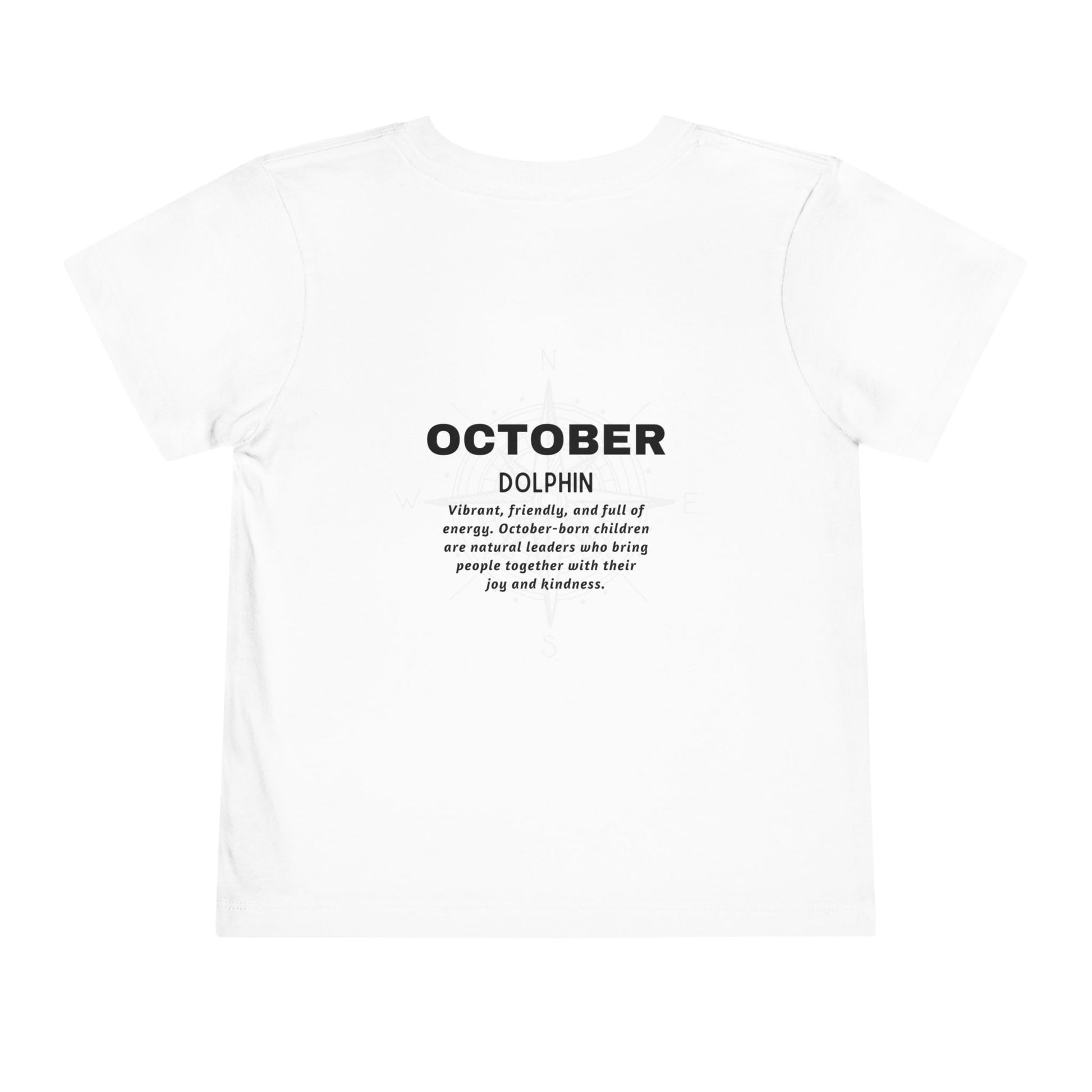 White kids birth month tshirt with October dolphin design and motivational text on back