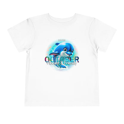 White kids birth month tshirt with blue dolphin and October vibrant and friendly design