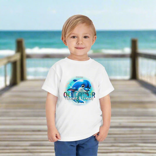 Young boy wearing a white kids birth month tshirt with October dolphin design standing on a wooden pier by the sea