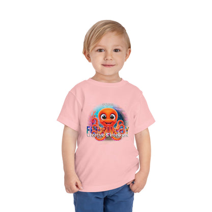 Kids birth month tshirt in pink with colorful February octopus design worn by young boy