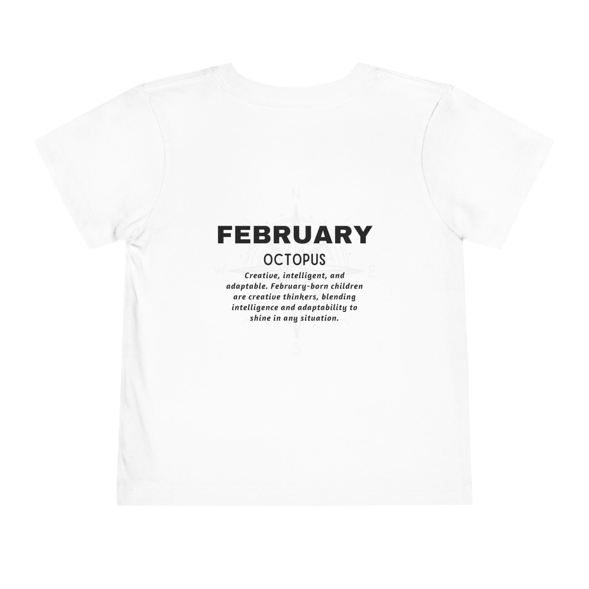 White kids birth month tshirt with February octopus design and descriptive text 